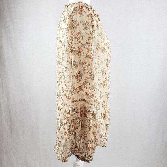Democracy Blouse Women L Sheer Poet Top Button-up Floral Lace Inserts High Low - Picture 2 of 7